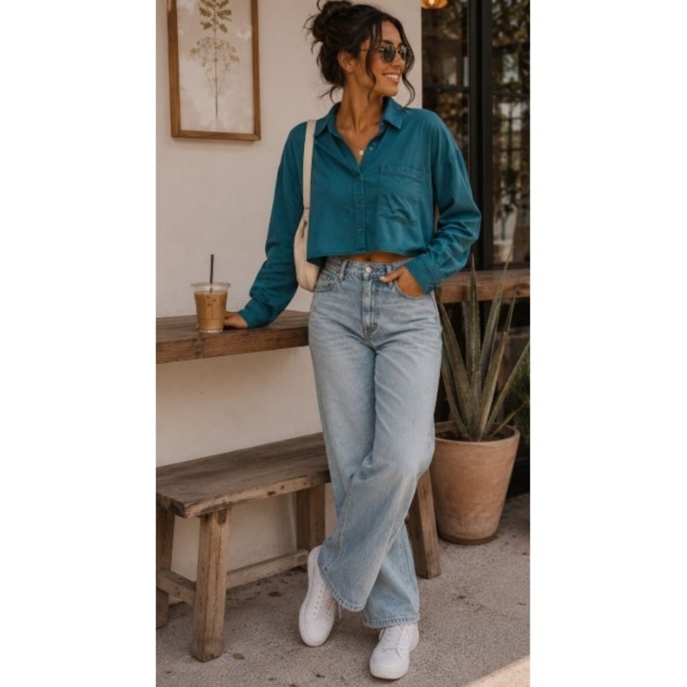 Calvin Klein Jeans Womens XL Teal Blue Cropped Button Down Shirt Long Sleeve